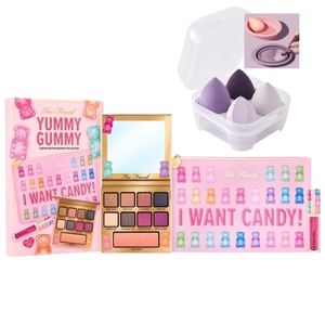 100% Authentic Too Faced Yummy Gummy Ltd-Etd Make 4pc Sponges & PopUp Brush Bowl